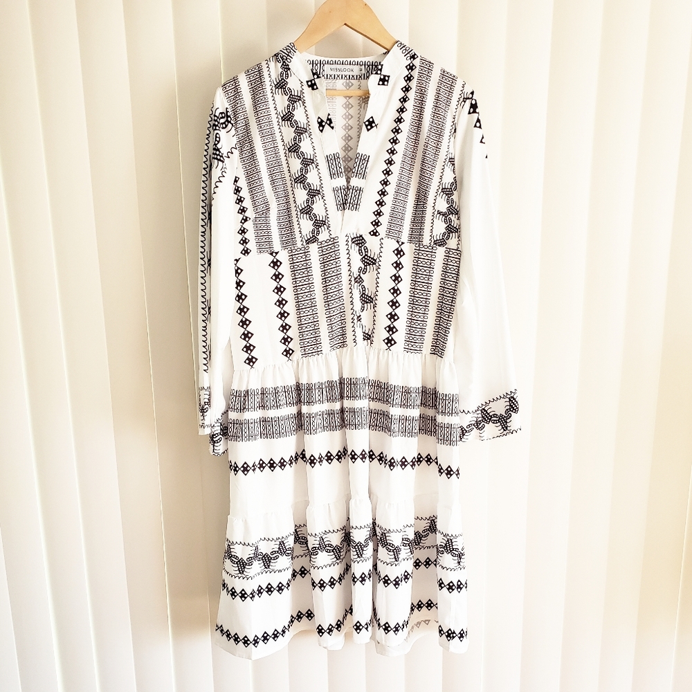 MISSLOOK Black White Bohemian Midi Dress Medium